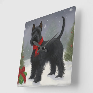 Horloge Carrée Chien Terrier Écossais dans la neige Noël