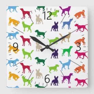 Horloge Carrée Chiens colorés silhouettes