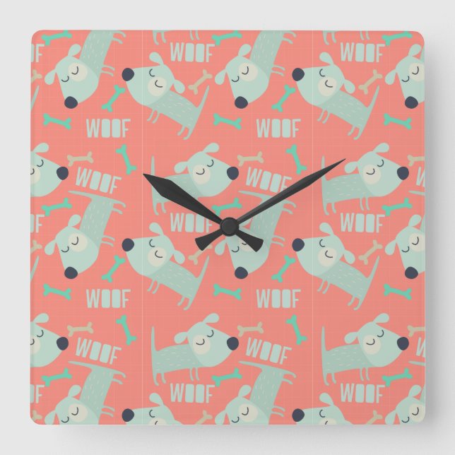 Horloge Carrée Chiens et os de Woof (Recto)