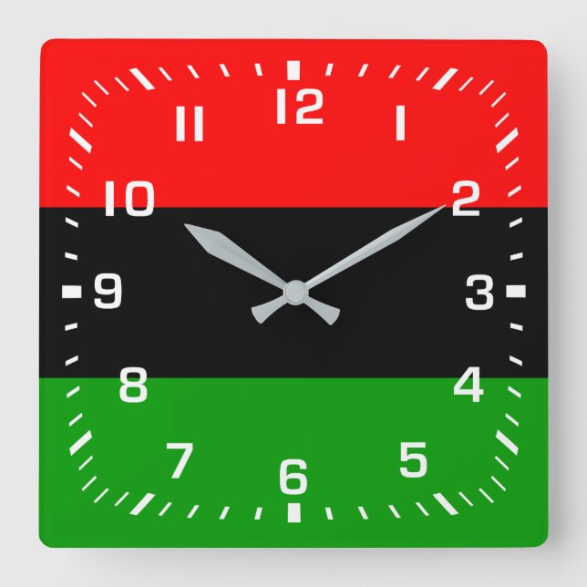 Horloge Carrée Chiffres blancs / Drapeau panafricain rouge, noir, (Recto)