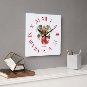 Horloge Carrée Chiffres de Noël Ange Rouge Romain