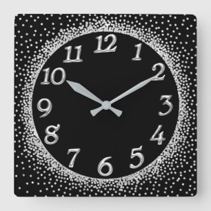 Horloge Carrée Chiffres gris argenté Confetti Parties scintillant