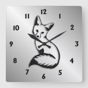 Horloge Carrée Chiffres noirs de renard argenté