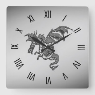 Horloge Carrée Chiffres romains du dragon d'argent