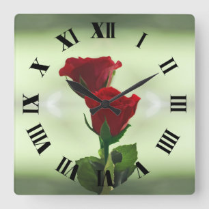 Horloge Carrée Chiffres romains jumeaux de roses rouges de flamme