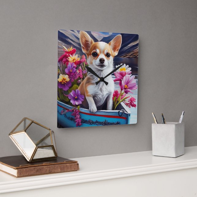 Horloge Carrée Chihuahua à la pagaie : une aventure Pittoresque (Bureau)