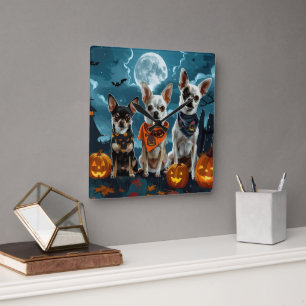 Horloge Carrée Chihuahua Halloween Éffrayant