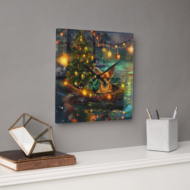 Horloge Carrée Chihuahua Noël Festive Voyage (Bureau)