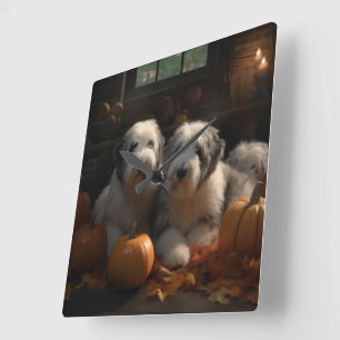 Horloge Carrée Chiot Old English Sheepdog Autumn Delight Citrouil