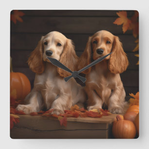 Horloge Carrée Chiots Cocker Spaniel Délice d'Automne Citrouille