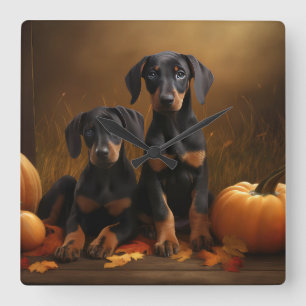 Horloge Carrée Chiots Doberman Délice d'Automne Citrouille