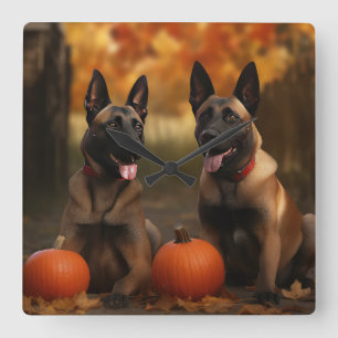 Horloge Carrée Chiots Malinois Belge Délice d'Automne Citrouille 
