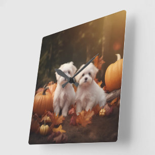 Horloge Carrée Chiots Maltais Automne Delight Pumpkin