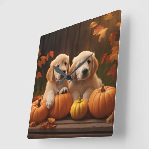 Horloge Carrée Chiots Retriever du Golden Automne Délice Citrouil