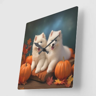 Horloge Carrée Chiots Samoyède Délice d'Automne Citrouille 