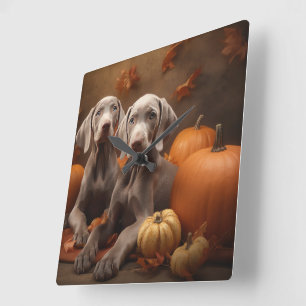 Horloge Carrée Chiots Weimaraner Délice d'Automne Citrouille