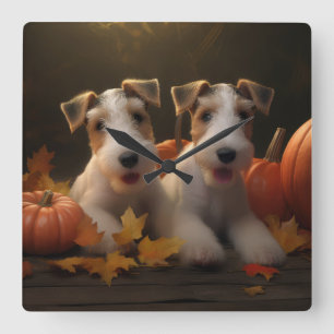 Horloge Carrée Chiots Wire Fox Terrier Automne Délice Citrouille