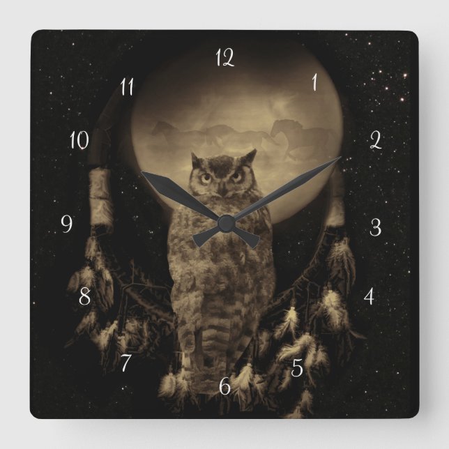 Horloge Carrée Chouette amérindienne et chasseur de rêves (Recto)