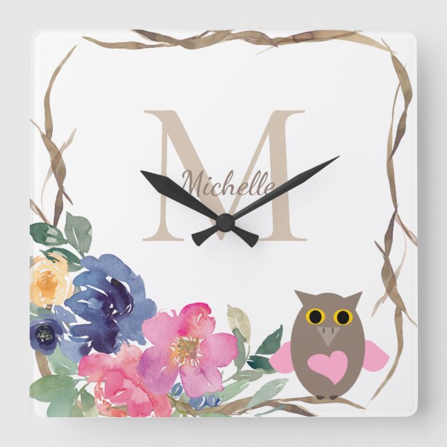Horloge Carrée Chouette du coeur rose Aquarelle florale Monogramm (Recto)