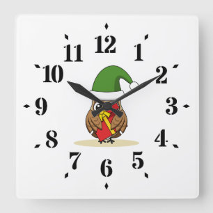 Horloge Carrée Chouette elfe de Noël avec présent
