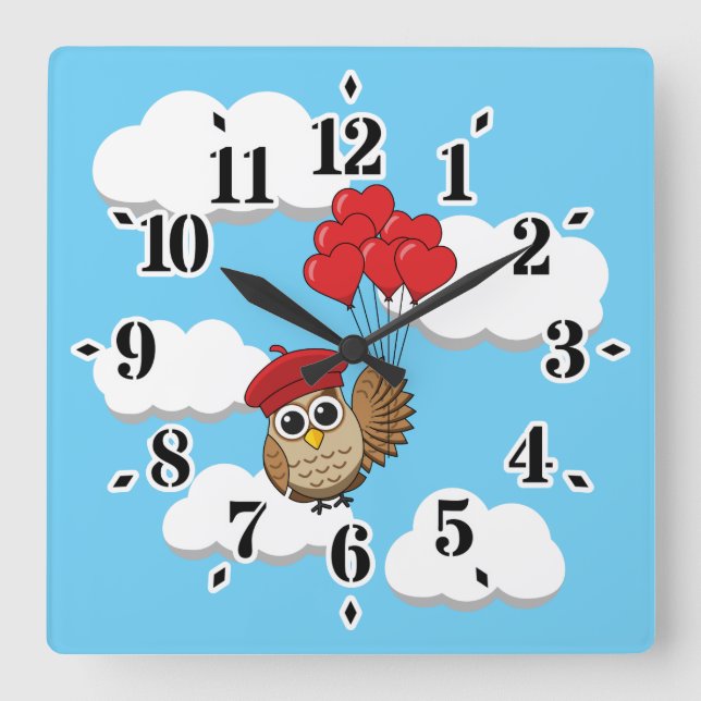 Horloge Carrée Chouette mignonne volant avec des ballons de coeur (Recto)