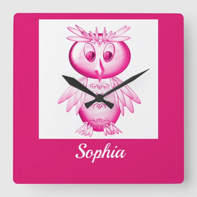 Horloge Carrée Chouette rose drôle Enfants Personnalisés (Recto)
