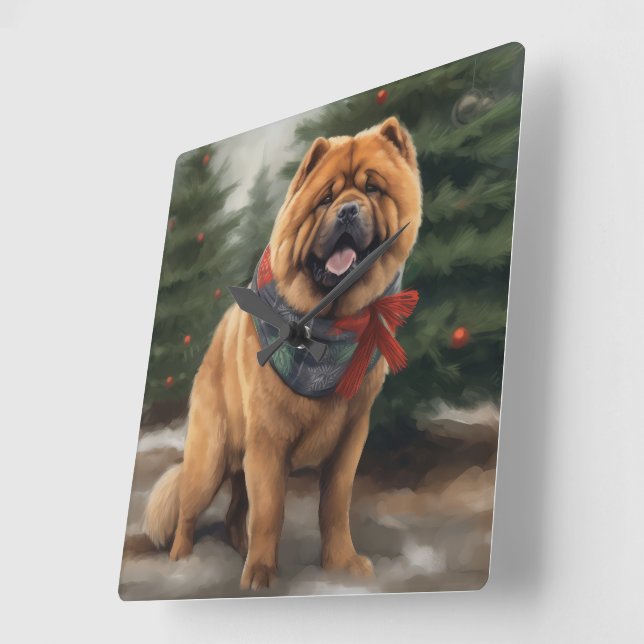 Horloge Carrée Chow Chow Chien de Noël en neige (Angle)