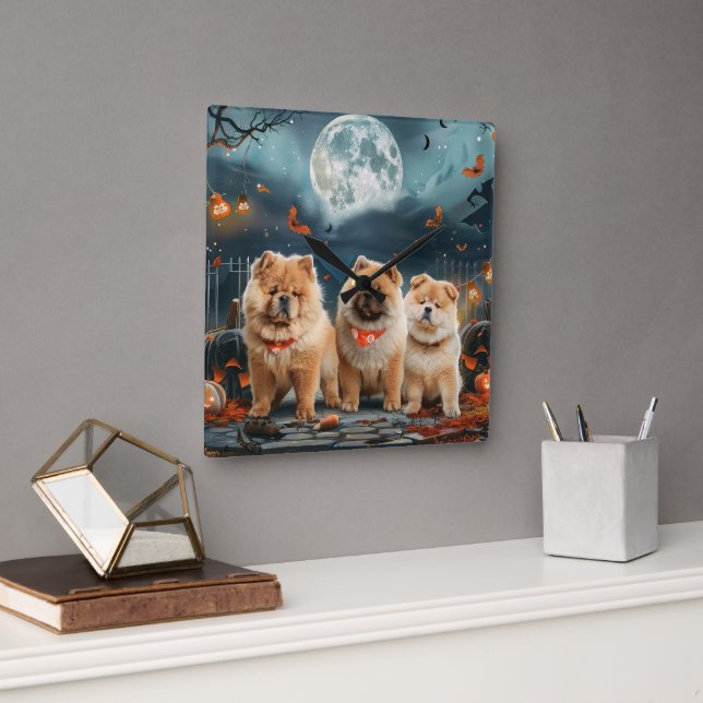 Horloge Carrée Chow Chow Halloween Éffrayant (Bureau)