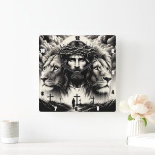 Horloge Carrée Christ Lions traverse le pouvoir spirituel