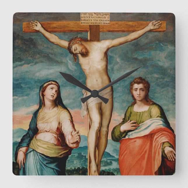 Horloge Carrée Christ sur la croix avec les saints (Recto)