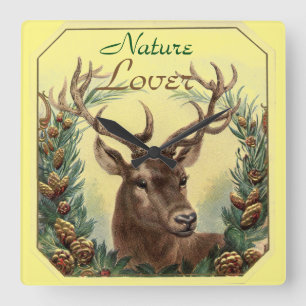HORLOGE CARRÉE CHRISTMAS DEER, PINE CONE COURONNE NATURE AIMANT J
