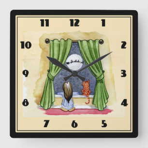 Horloge Carrée Christmas Wishes Child & Kitty Cat Xmas