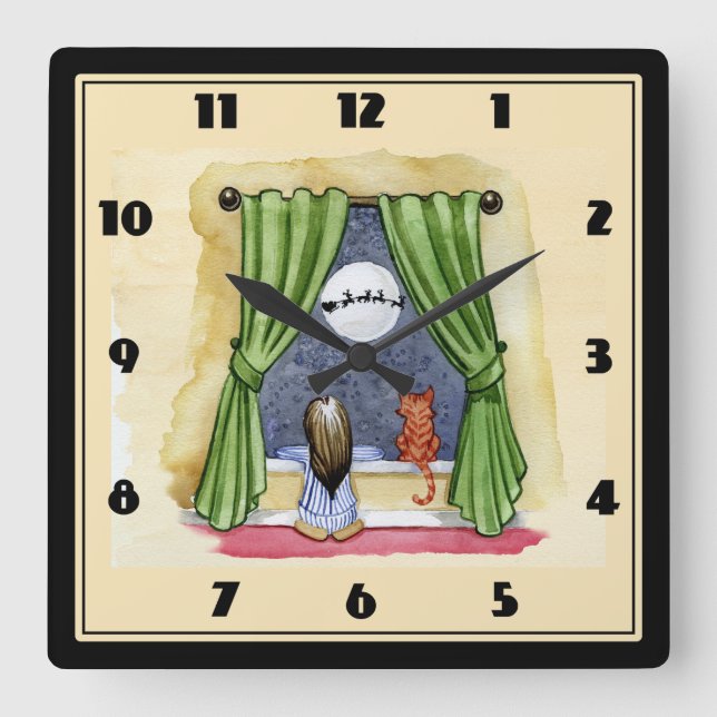Horloge Carrée Christmas Wishes Child & Kitty Cat Xmas (Recto)