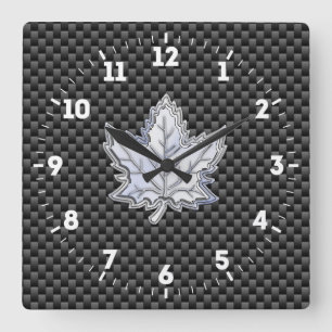 Horloge Carrée Chrome comme feuille d'érable sur fibre de carbon