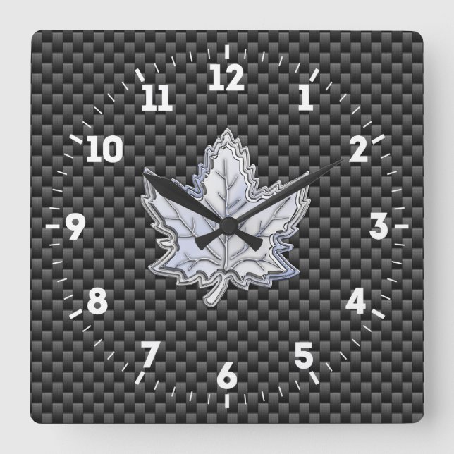 Horloge Carrée Chrome comme feuille d'érable sur fibre de carbone (Recto)