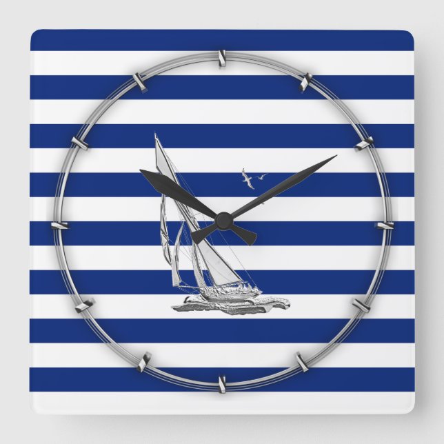 Horloge Carrée Chrome voile sur les bandes marines (Recto)