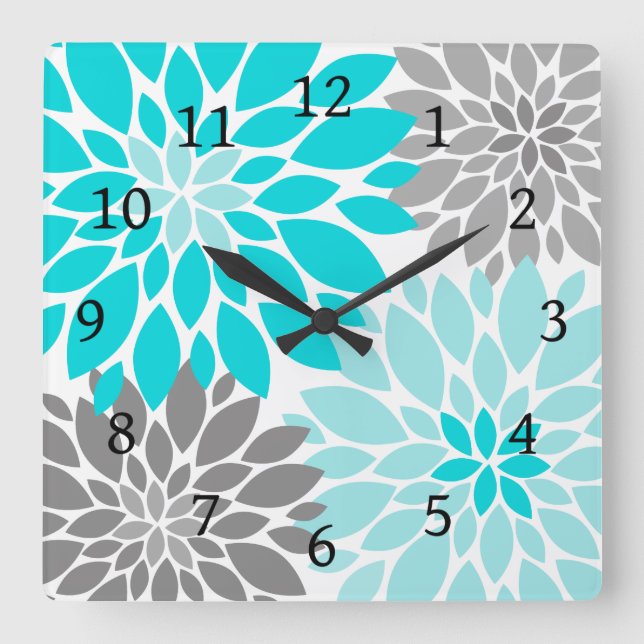 Horloge Carrée Chrysanthèmes turquoise et gris Motif floral (Recto)
