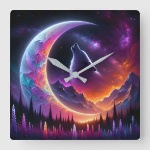 Horloge Carrée Ciel nocturne coloré Lune du croissant de loup