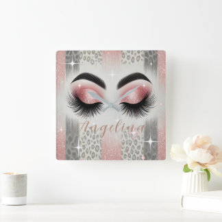 Horloge Carrée Cils scintillants rose glamour 