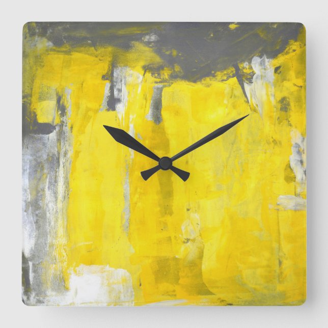 Horloge Carrée "Cinquième" art abstrait gris et jaune (Recto)