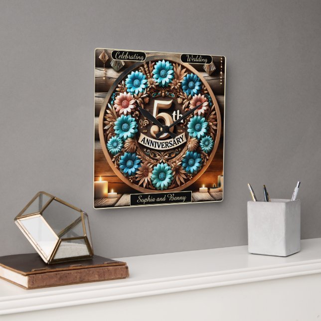Horloge Carrée Circle intemporel 5e anniversaire Design floral (Bureau)