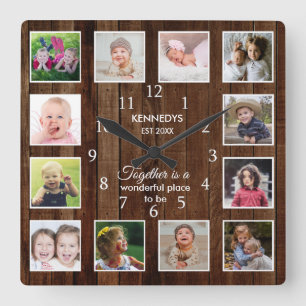 Horloge Carrée Citation Collage de 12 photos personnalisée Bois 