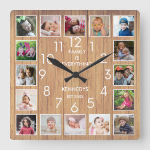 Horloge Carrée Citation Collage de 16 photos personnalisée Bois r