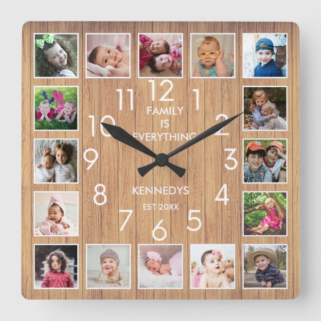 Horloge Carrée Citation Collage de 16 photos personnalisée Bois r (Recto)