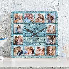 Horloge Carrée Citation de famille Collage photo Bois bleu rustiq