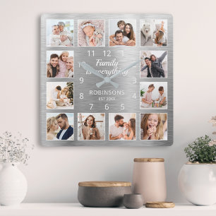 Horloge Carrée Citation Famille Est Tout Photo de Famille Argent
