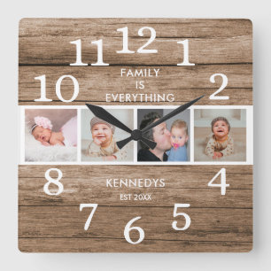 Horloge Carrée Citation Rustique Récupérée Bois 4 Photo Famill