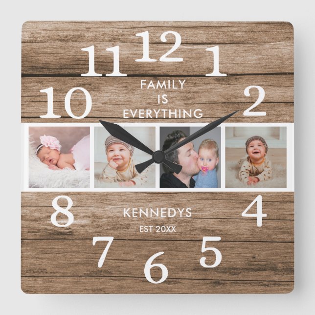 Horloge Carrée Citation Rustique Récupérée Bois 4 Photo Famille (Recto)