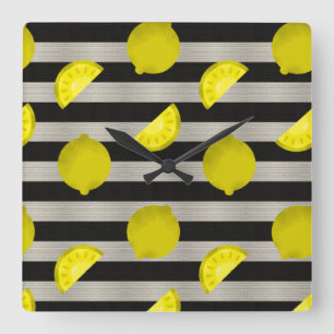 Horloge Carrée Citron rayures noir et blanc moderne