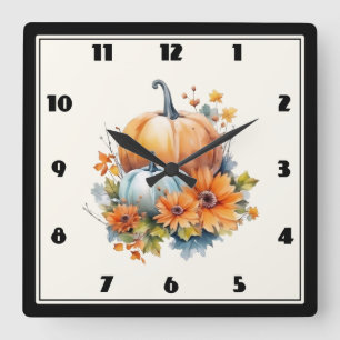 Horloge Carrée Citrouilles d'automne avec Fleurs et Foliage